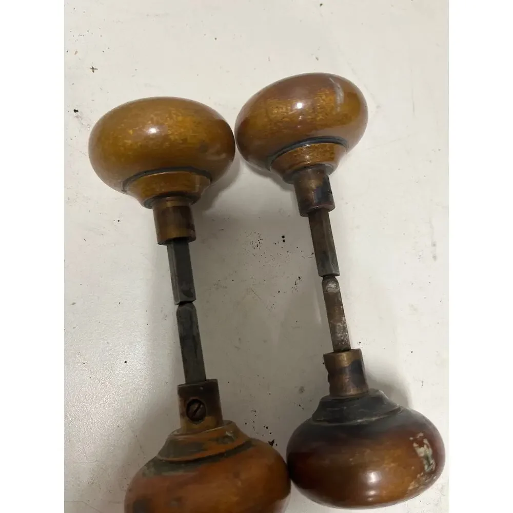 (2) - Vintage Brass Mushroom Shaped Door Knob Set Antique Early 1900s